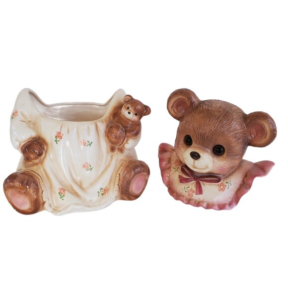 VTG 1980's Teddy Bear Cookie Jar Canister Kitchen Cottagecore Glass Eyes Japan - Picture 4 of 10